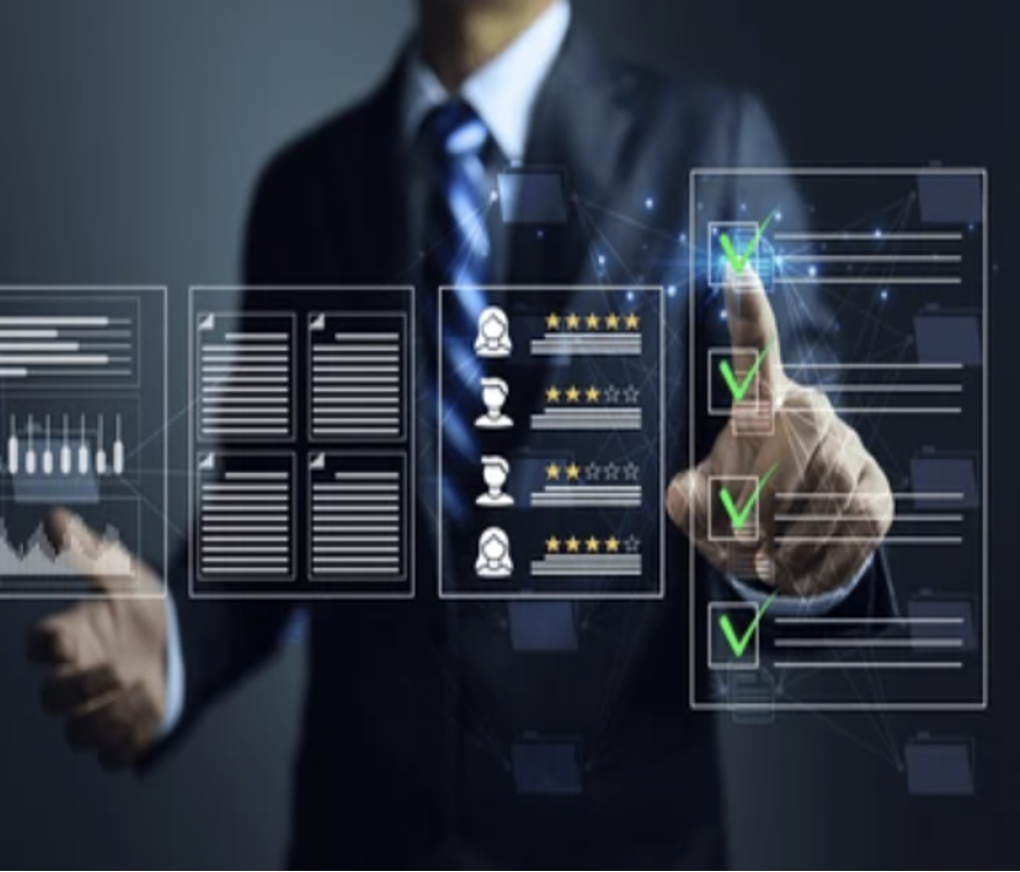 Business professional analyzing digital interface with data visualizations